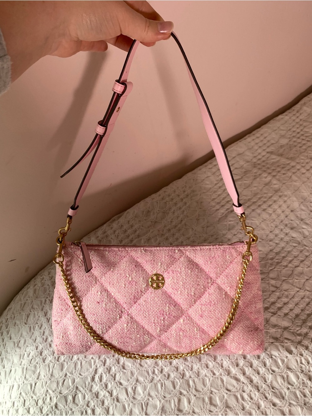 NWOT Tory Burch Willa Tweed Zip Shoulder Bag in Light Pink